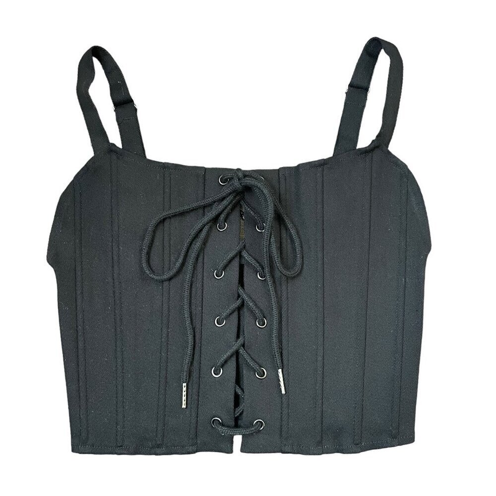 OW Collection Xen Top Womens Small Black Caviar Corset Front Lace Up Closure